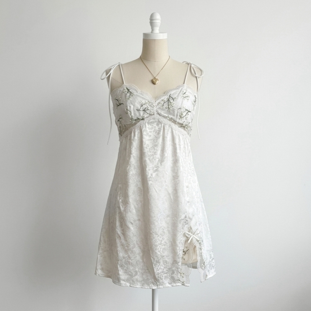 Ivory Lace Slip Dress with Delicate Green Embroidery